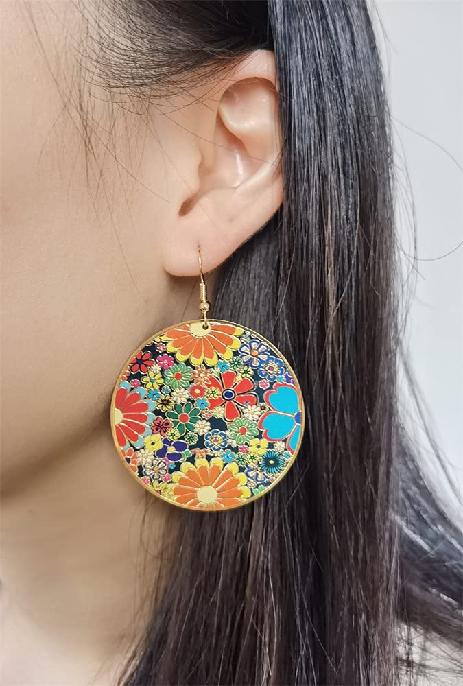 Gold Round Flower Disc Drop Dangle Earrings for Women Girls with Charms Boho Circle Ball Disk Blossom Spring Big Statement Dangling Hook Stud Earring Exaggerated Y2K Jewelry Gifts Christmas Festival Party