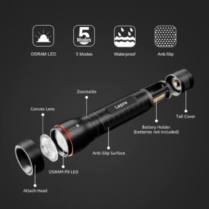 Lepro LED Tactical Flashlight, LE3000 High Lumen Streamlight Torch, 5 Lighting Modes, Zoomable, Water Resistant, Adopted by Osram P9 LED, Powered by AA Battery, for Camping, Running, Emergency