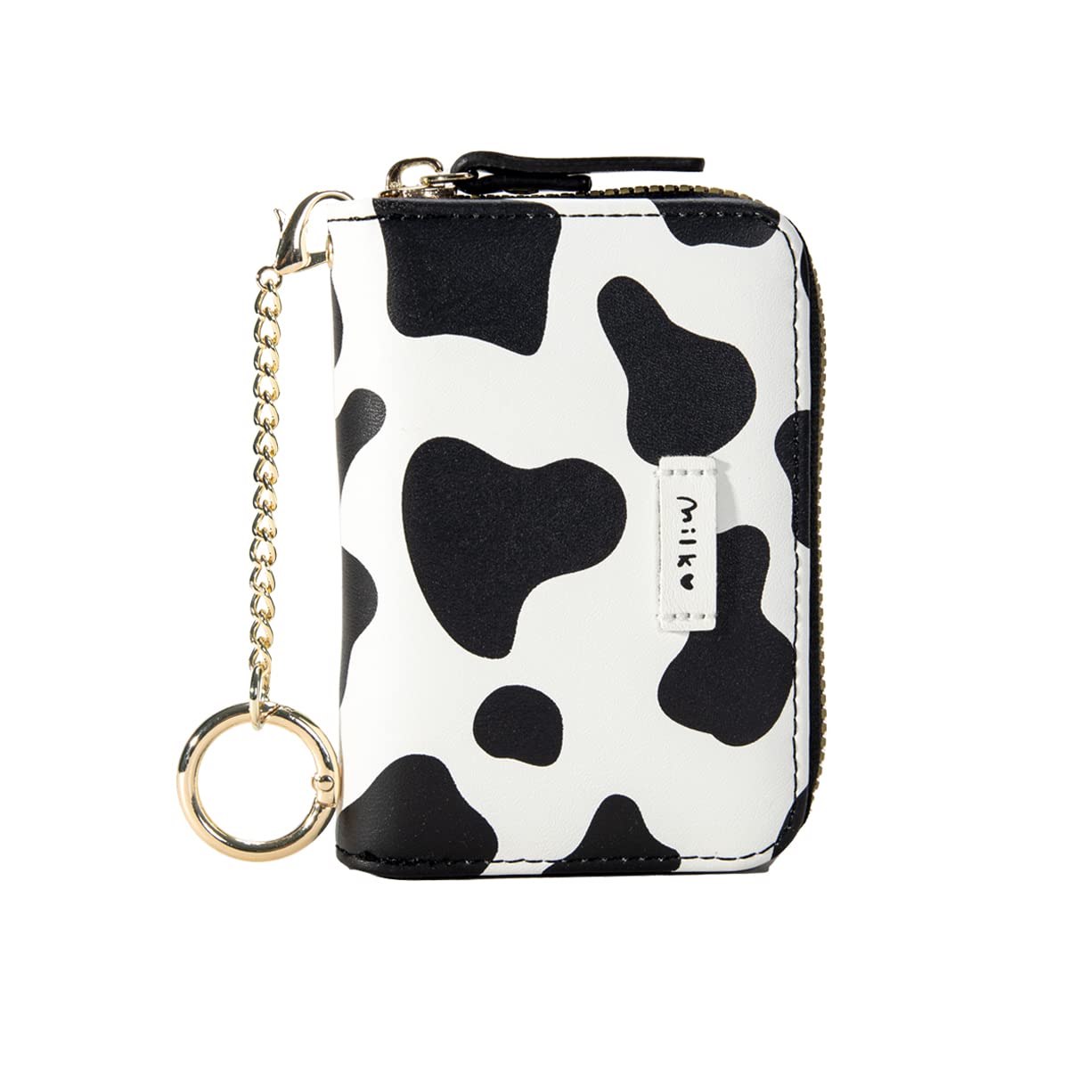 Sunwel Fashion Cute Cow Print Credit Card Holder- Accordian Zipper Card Case Wallet Cash Pockets Coin Purse with Keychain Hook for Women