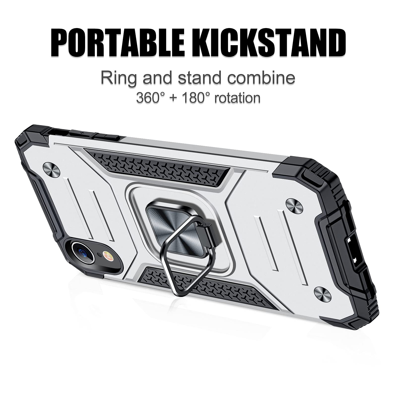 JAME Case for iPhone XR Cases with Screen Protector 2PCS, Military-Grade Drop Protection, Protective Xr Phone Case, Shockproof Bumper XR Case with Ring Kickstand, for iPhone XR 6.1 Inch Silver