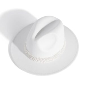 HUDANHUWEI Womens Wide Brim Fedora Hat with Pearl Band Lady Panama Hat A White