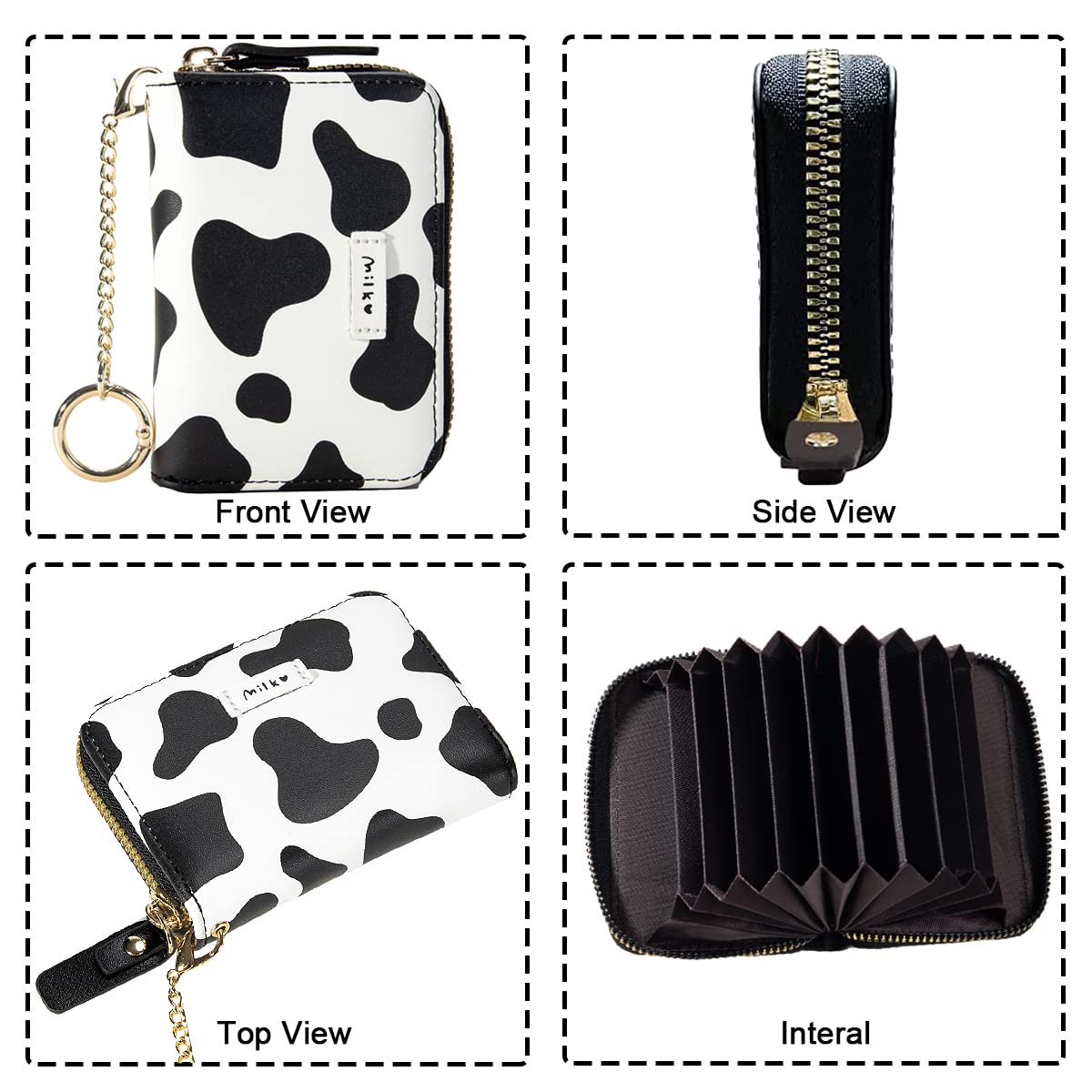 Sunwel Fashion Cute Cow Print Credit Card Holder- Accordian Zipper Card Case Wallet Cash Pockets Coin Purse with Keychain Hook for Women