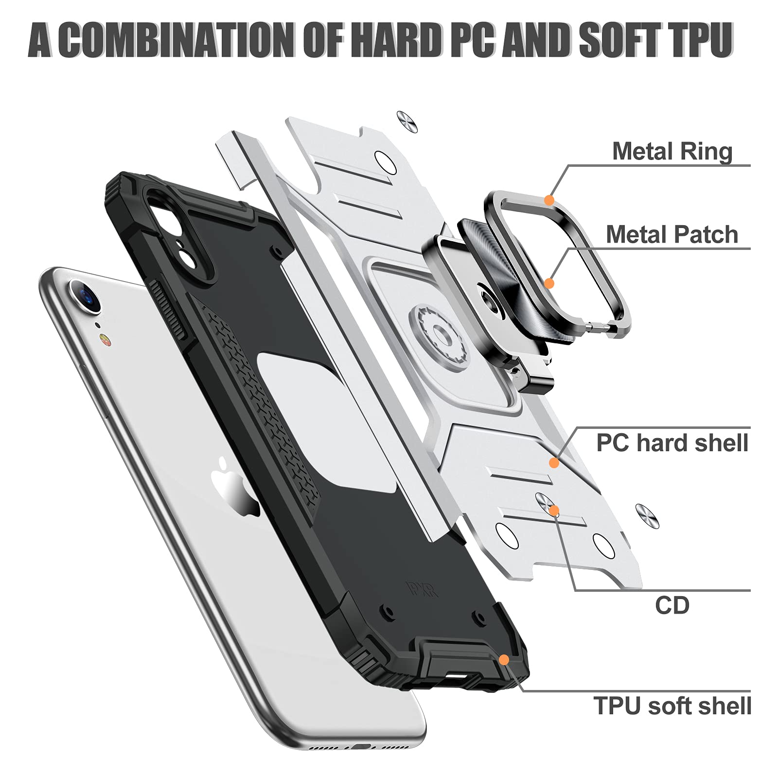 JAME Case for iPhone XR Cases with Screen Protector 2PCS, Military-Grade Drop Protection, Protective Xr Phone Case, Shockproof Bumper XR Case with Ring Kickstand, for iPhone XR 6.1 Inch Silver