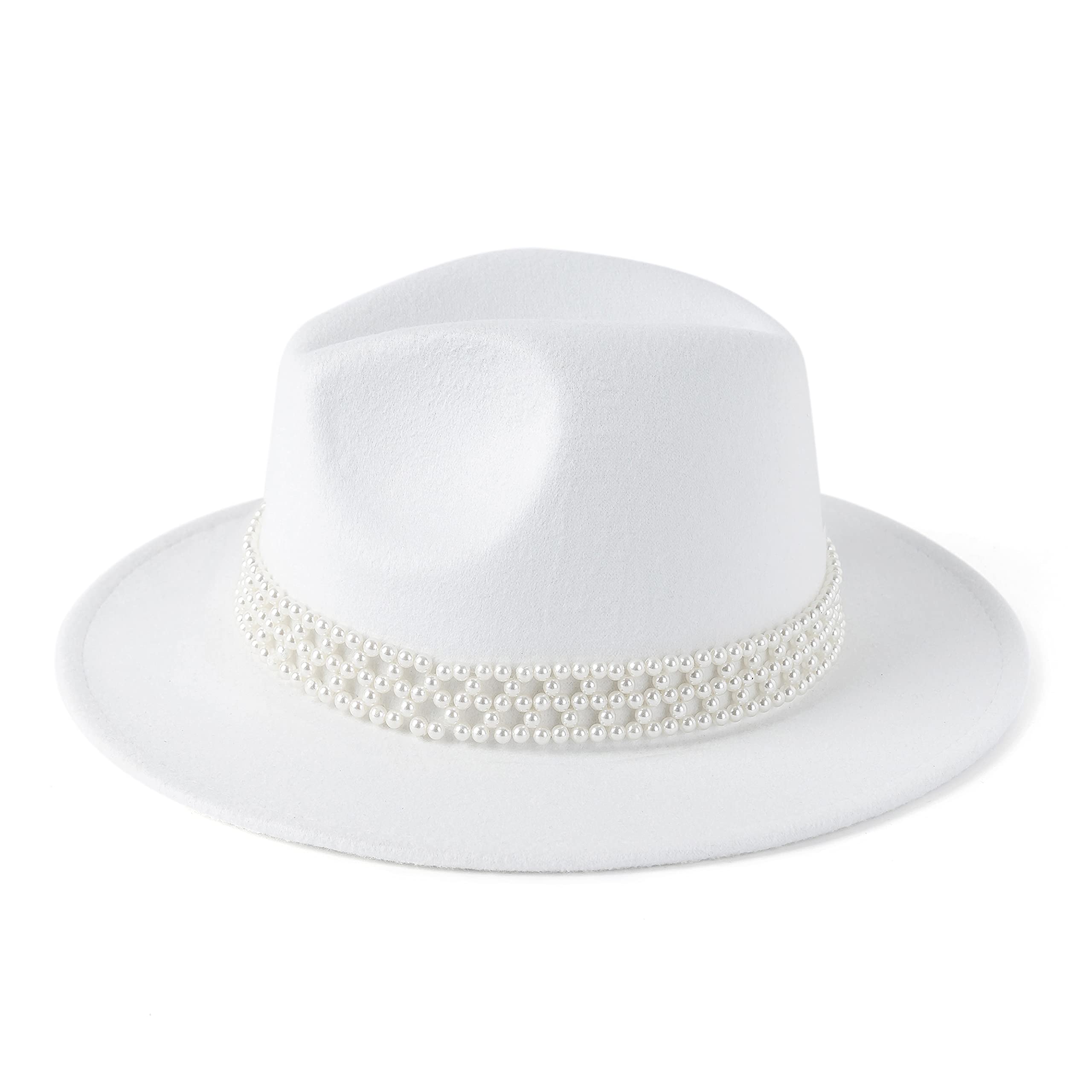 HUDANHUWEI Womens Wide Brim Fedora Hat with Pearl Band Lady Panama Hat A White