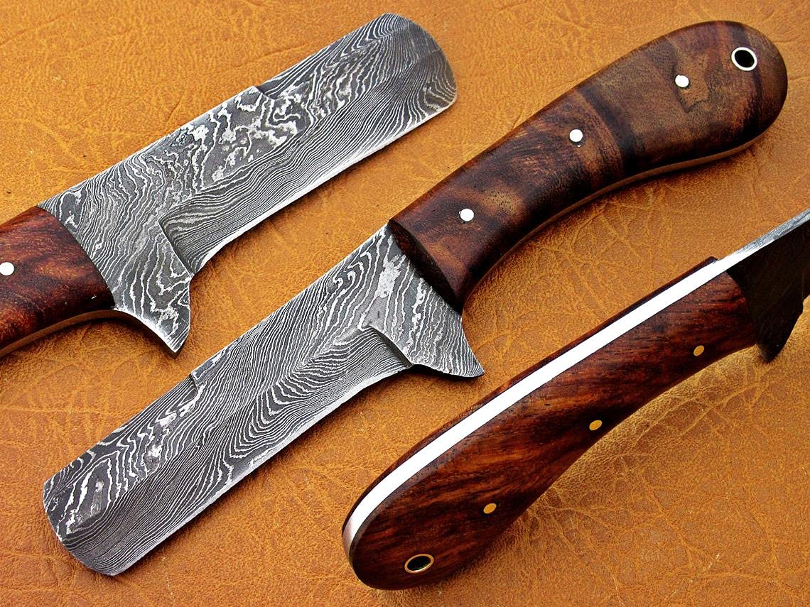 Black Smith Custom Knives DM-BC-01 Handmade Damascus Steel Bull Cutter Cowboy hunting castration and skinning knife, 8" Rose Wood Handle, Fixed Blade EDC Knife With Leather Sheath