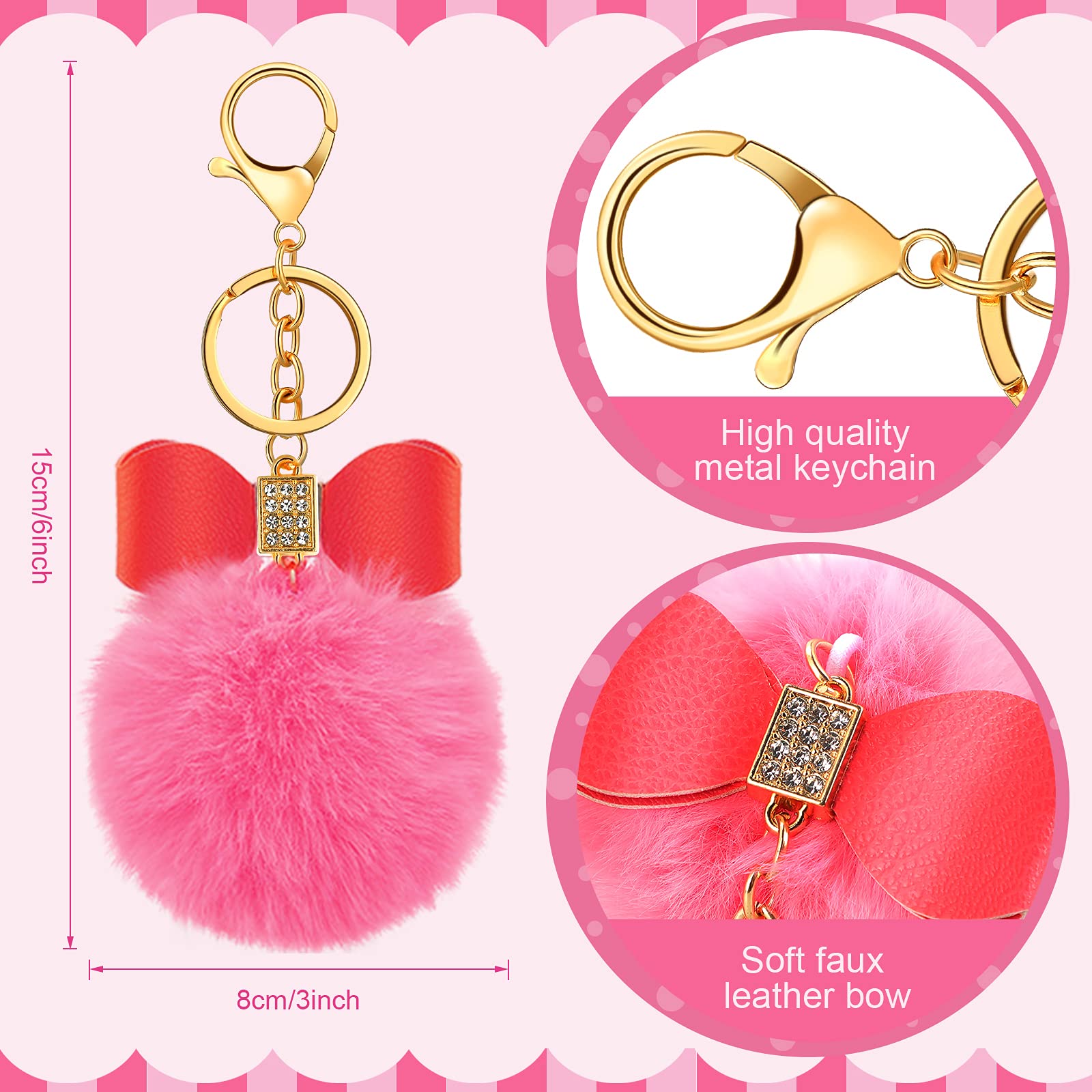 Hicarer 12 Pieces Fluffy Pom Pom Keychain Bulk Bow Rhinestone Faux Pompoms Keyring for Women Bags Craft, 12 Colors(Chic Colors)