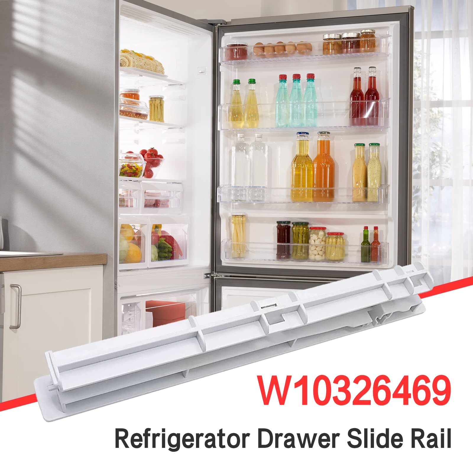 W10326469 Center Drawer Slide Rail by APPLIANCEMATES Compatible with Whirlpool Refrigerator Replace for 8208326 W10326469 WPW10326469 12796401 67004514 AP6019603