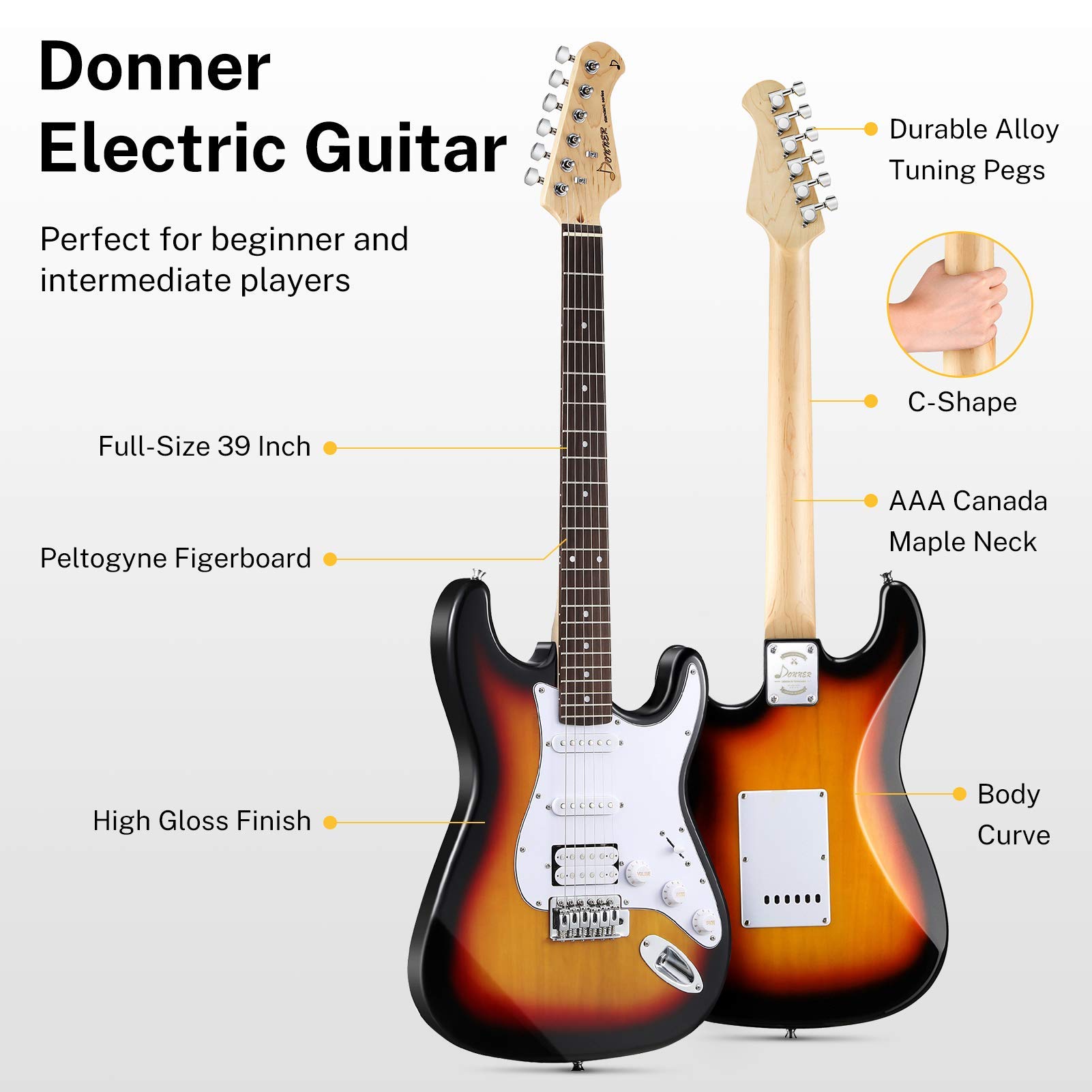 Donner DST-100S 39 Inch Full Size Electric Guitar Kit + Guitar Cable 10 ft