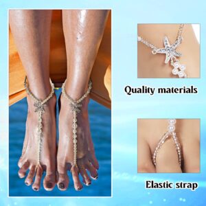 Hicarer 12 Pieces Feet Jewelry Barefoot Sandals Toe Rings Foot Chains Starfish Faux Pearls Elastic Beaded Turquoise Anklet Chains Jewelry with Rhinestone Ring for Women Wedding Beach Wearing