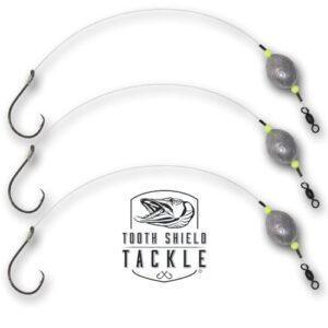 3 pack tooth shield tackle carolina drum rig redfish rig catfish [80lb fluorocarbon - 4/0 circle hook] 3 oz weight offshore saltwater big game grouper snapper leaders rigs bottom fishing [chartreuse]