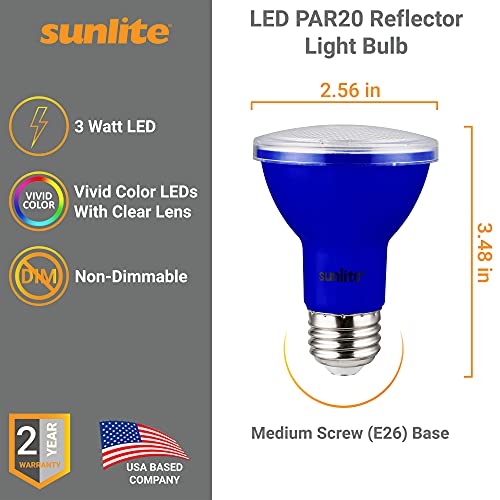 Sunlite 40249 LED PAR20 Colored Recessed Light Bulb, 3 Watt (50w Equivalent), Medium (E26) Base, Floodlight, ETL Listed, Blue, 3 Count