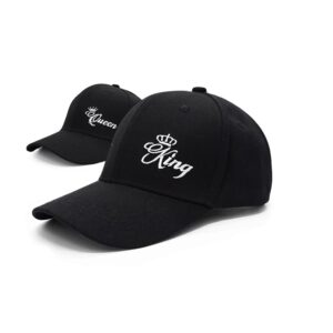 embroidered king and queen couple matching 2 in one order caps, adjustable baseball hat (black king+queen)