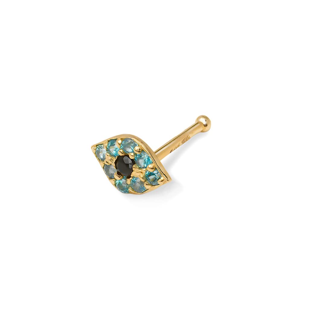 Jewelryweb | Evil Eye Nose Bone 14k Gold | Solid 14 Eyeball Nose Stud | Blue Simulated Diamond CZ | Multi Blue Eye Piercing Stud | Dainty 20 Gauge 20g