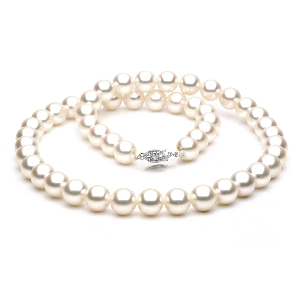 Unique Pearl 14K White Gold 8-8.5mm White Freshwater Cultured Pearl Necklace in AAA Quality, 16 Inches