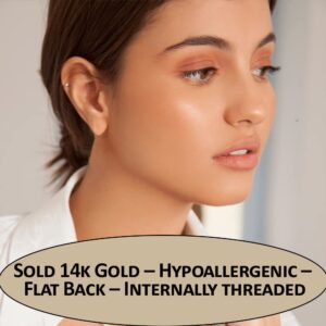 JewelryWeb - Solid 14k Gold 18G Cubic Zirconia Piercing Jewelry for Conch, Tragus, Helix - Labret Cartilage Earring - Internally Threaded Flat Back Stud - Hypoallergenic Body Jewelry