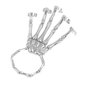 Unique Exaggerate Style Skull Finger Hand Bone Bracelet Punk Handmade Halloween Metal Skeleton Bangle Horror Halloween Goth Ghost Claw Jewelry Ornaments for Women (Antique silver)