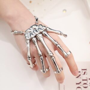 Unique Exaggerate Style Skull Finger Hand Bone Bracelet Punk Handmade Halloween Metal Skeleton Bangle Horror Halloween Goth Ghost Claw Jewelry Ornaments for Women (Antique silver)