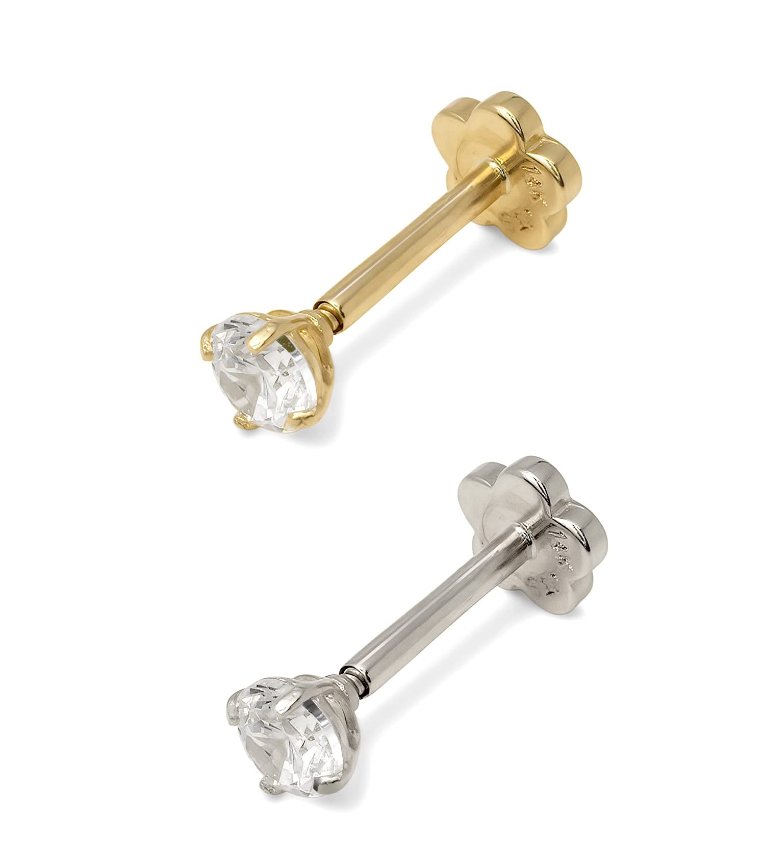 JewelryWeb - Solid 14k Gold 18G Cubic Zirconia Piercing Jewelry for Conch, Tragus, Helix - Labret Cartilage Earring - Internally Threaded Flat Back Stud - Hypoallergenic Body Jewelry