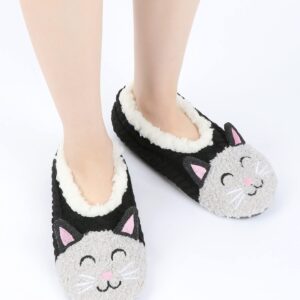 DICUIRD Womens Cozy&Warm Animal Slipper Socks with Grippers-House Socks(Black Cat, 8-10)