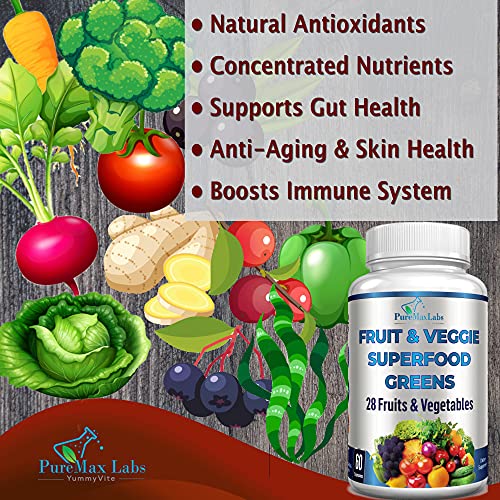 Fruit and Veggie Superfood Greens - 28 Fruits and Vegetables incl. Alfalfa, Barley Grass, Spirulina, Beet Root, Tart Cherry, Concentrated Natural Antioxidants- 60 Tablets