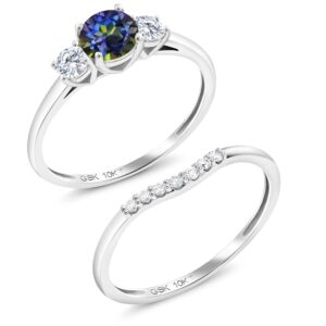 Gem Stone King 10K White Gold Blue Mystic Topaz and White Lab Grown Diamond 3-Stone Bridal Engagement Wedding Ring Set For Women (0.74 Cttw, Gemstone November Birthstone, Round 5MM, Size 6)