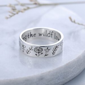 LOVECOM Wildflowers Rings 925 Sterling Silver Floral Rings for Women Bohemian Delicate You Belong Among the Wildflowers Ring Floral Daisy Ring Summer Spring Flower Finger Wedding Bands Jewelry Gifts