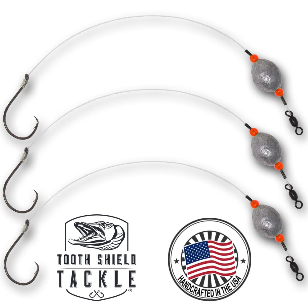 3 Pack Tooth Shield Tackle Carolina Drum Rig Redfish Rig Catfish [80lb Fluorocarbon - 4/0 Circle Hook] 3/4 oz Weight Offshore Saltwater Big Game Grouper Snapper Leaders Rigs Bottom Fishing [Red]