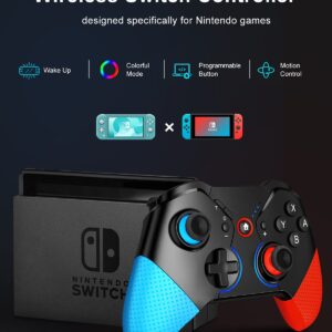 Switch Controller for Nintendo with Wake Up, Bluetooth Gamepad Remote Grip with Macro Motion Vibration Turbo RGB Light, Wireless Pro Controller Joy Con Switch for Kids Gifts - Blue&Red