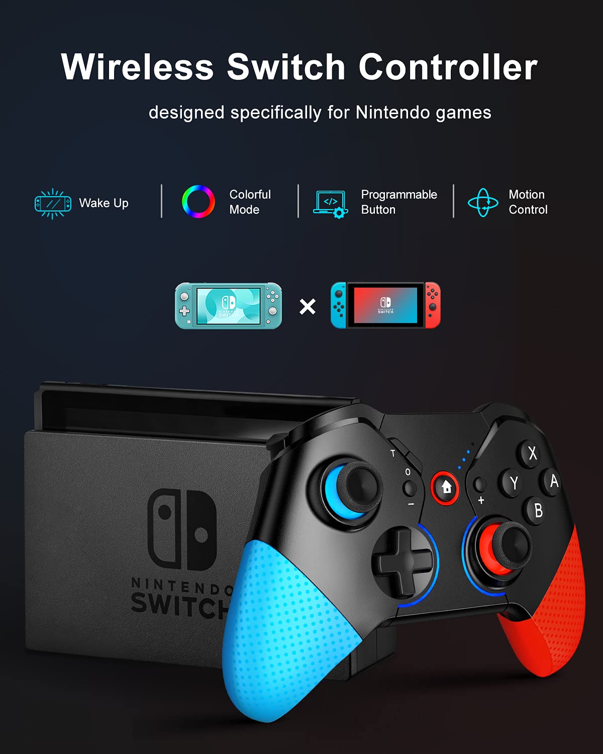 Switch Controller for Nintendo with Wake Up, Bluetooth Gamepad Remote Grip with Macro Motion Vibration Turbo RGB Light, Wireless Pro Controller Joy Con Switch for Kids Gifts - Blue&Red