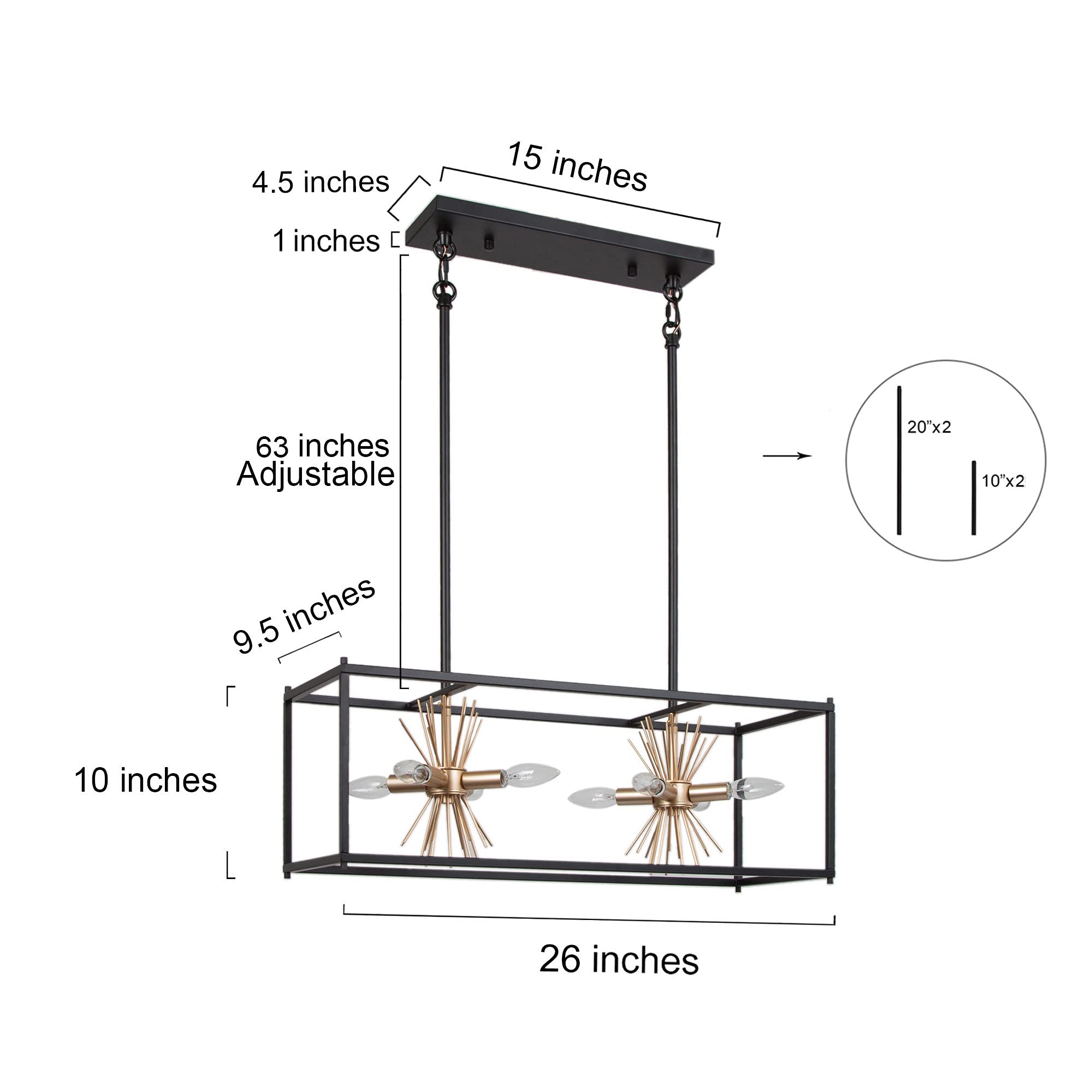 PHOSANT LIGHTING Black Gold Chandelier, 8-Light Linear Island Lights for Kitchen, 26" Modern Farmhouse Chandelier for Dining Room with Sputnik Spikes