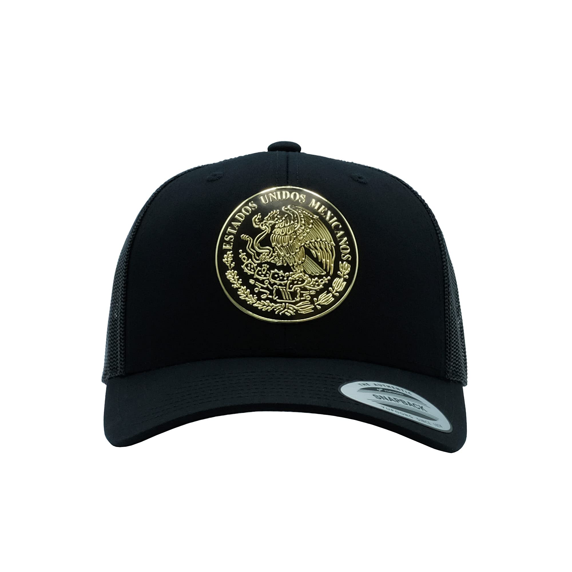 The Pride Mexico Flag Hat with Glossy Detailed Custom Shield Patch Orgullo Mexicano (Trucker-Gold-Black), Large