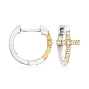 Ross-Simons 0.15 ct. t.w. Diamond Cross Huggie Hoop Earrings in Sterling Silver and 14kt Yellow Gold