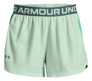 under armour women's ua play up side mesh shorts (medium, seaglass blue/comet green)