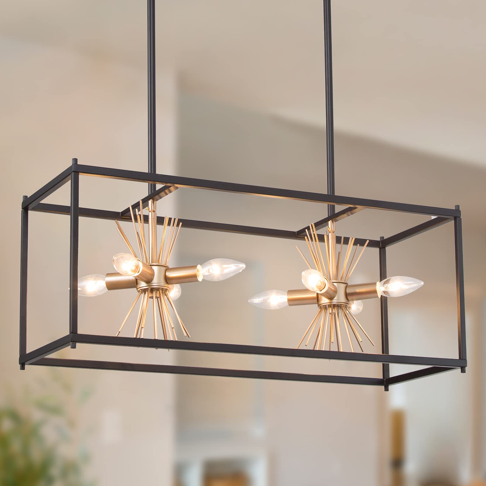 PHOSANT LIGHTING Black Gold Chandelier, 8-Light Linear Island Lights for Kitchen, 26" Modern Farmhouse Chandelier for Dining Room with Sputnik Spikes