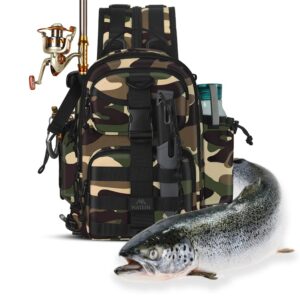 matein fishing backpack tackle bag, small convertible fishing sling bag tackle box with rod holder, fishing gifts for men, water-resistant tackle storage bags hold fish gear accessories, camouflage