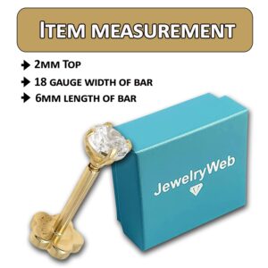 JewelryWeb - Solid 14k Gold 18G Cubic Zirconia Piercing Jewelry for Conch, Tragus, Helix - Labret Cartilage Earring - Internally Threaded Flat Back Stud - Hypoallergenic Body Jewelry