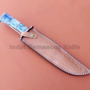 Handmade Damascus Steel Hunting Bowie Knife Full Tang Fix Blade 15' Inches Color Camel Bone Handle Comes With Leather Sheath Personalized Gift for Him