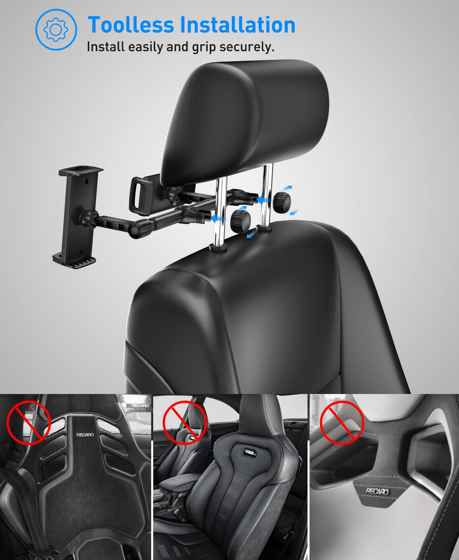 Car Headrest Tablet Mount Holder: Double Cradles Backseat Stand with Extension Arm for Kids Compatible Phone | iPad Pro Air Mini | Galaxy Tabs | Kindle Fire HD | Switch Lite & Other 4.7-12.9" Device