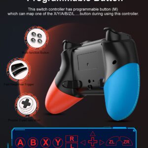 Switch Controller for Nintendo with Wake Up, Bluetooth Gamepad Remote Grip with Macro Motion Vibration Turbo RGB Light, Wireless Pro Controller Joy Con Switch for Kids Gifts - Blue&Red