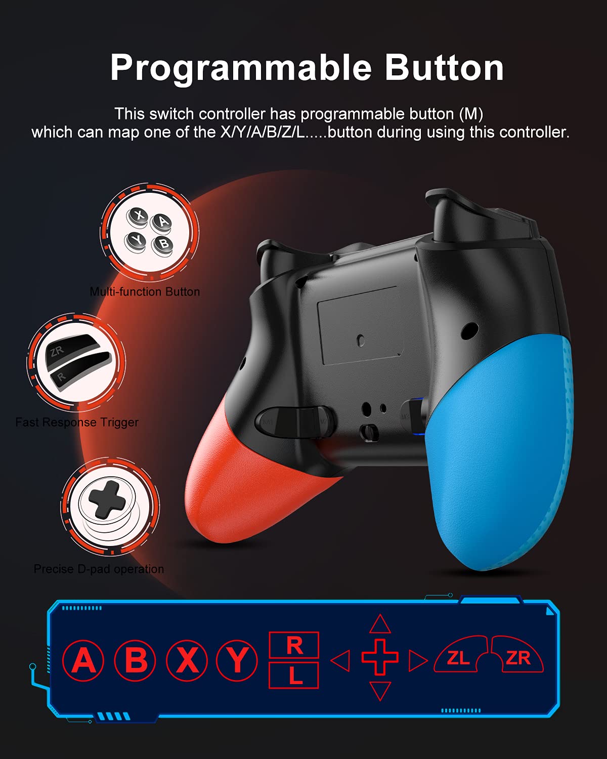 Switch Controller for Nintendo with Wake Up, Bluetooth Gamepad Remote Grip with Macro Motion Vibration Turbo RGB Light, Wireless Pro Controller Joy Con Switch for Kids Gifts - Blue&Red