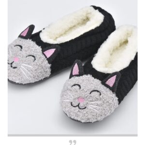 DICUIRD Womens Cozy&Warm Animal Slipper Socks with Grippers-House Socks(Black Cat, 8-10)