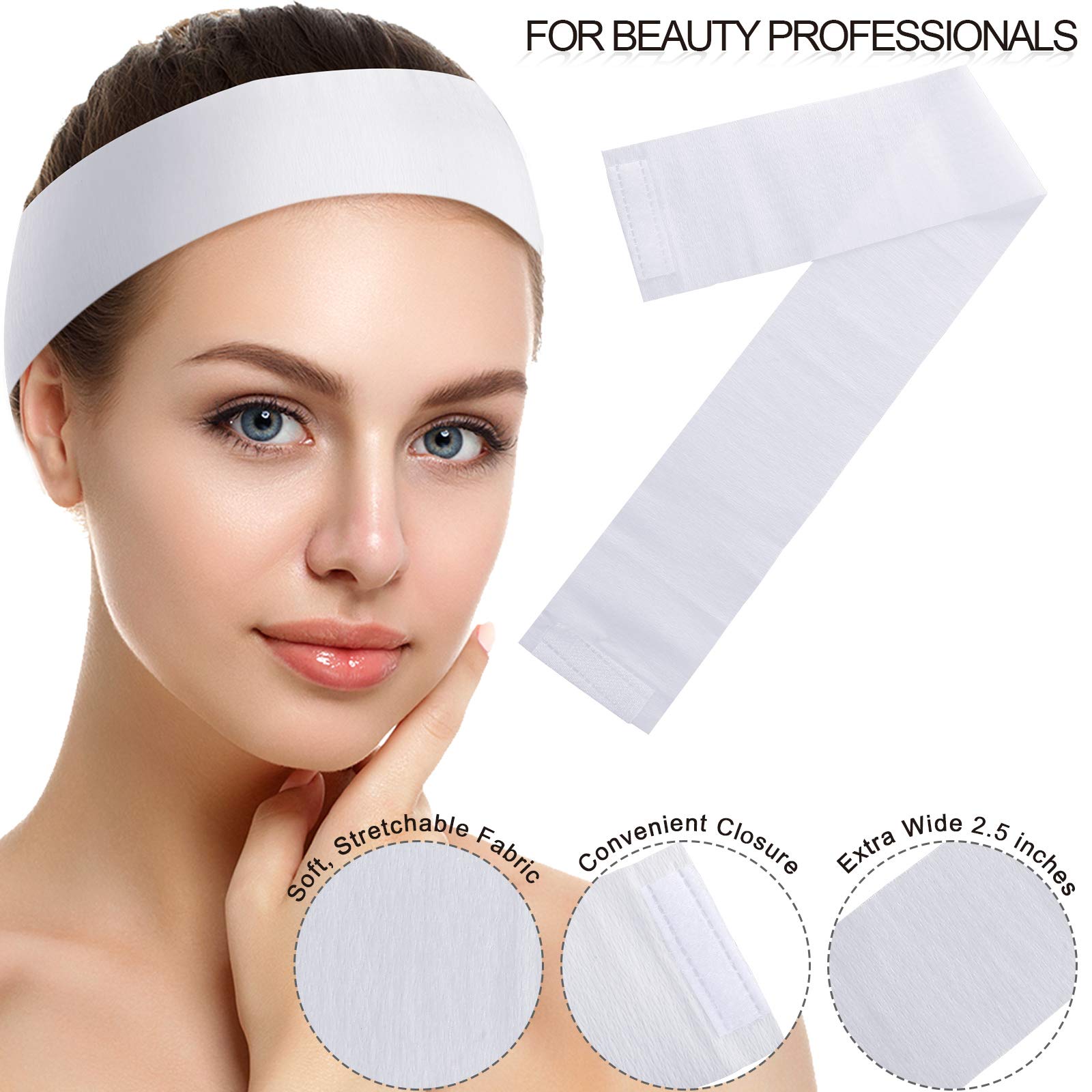 WILLBOND 200 Pieces Disposable Spa Facial Headbands Stretch Non Woven Facial Headband Skin Care Soft Hair Band with Convenient Closure for Women Salons, White