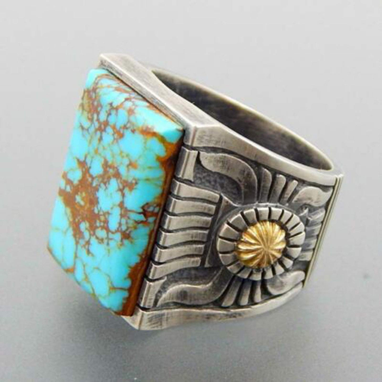 ink2055 Rings for Women Teen Girls,Retro Engraved Sunflower Faux Turquoise Inlaid Ring Women Banquet Jewelry Gift,Mothers Day Gifts,Gifts for Women Men Girls - Us9