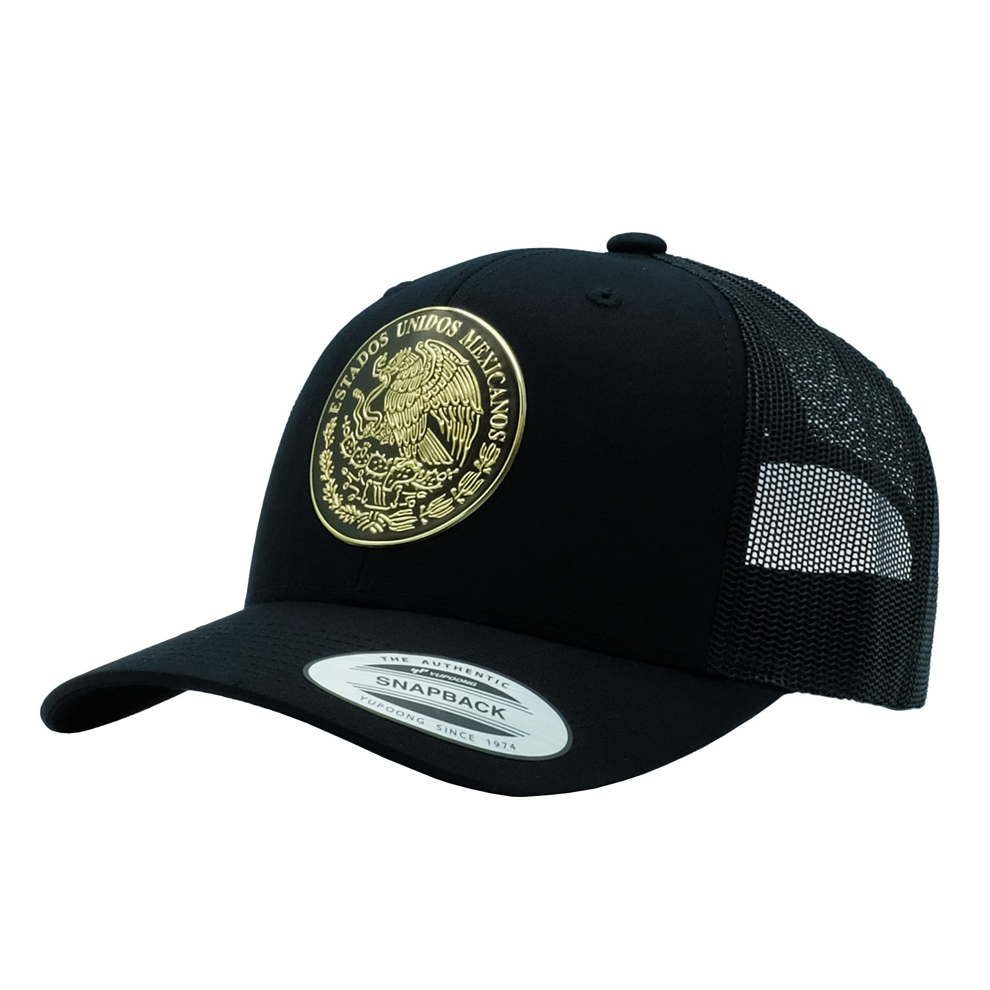 The Pride Mexico Flag Hat with Glossy Detailed Custom Shield Patch Orgullo Mexicano (Trucker-Gold-Black), Large