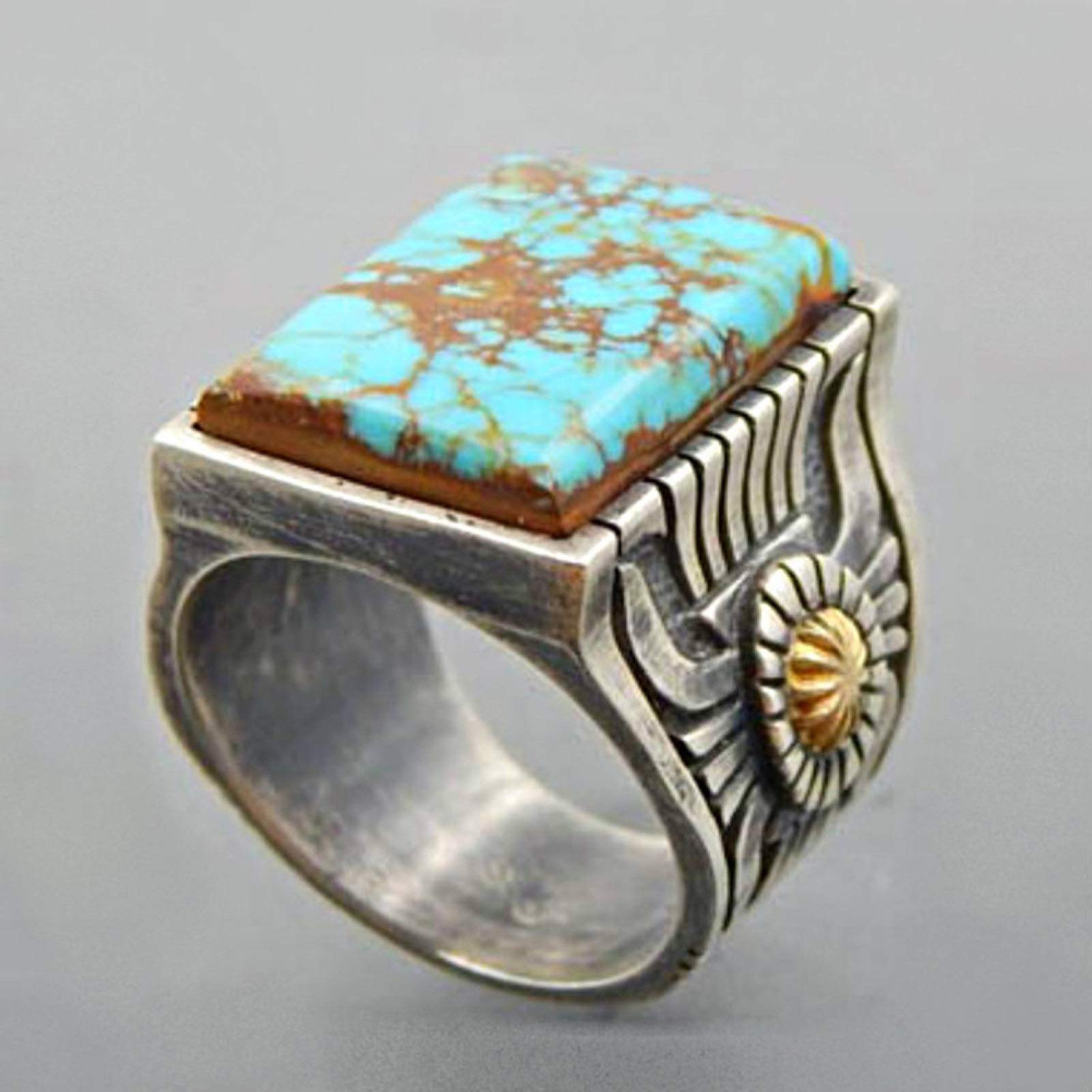 ink2055 Rings for Women Teen Girls,Retro Engraved Sunflower Faux Turquoise Inlaid Ring Women Banquet Jewelry Gift,Mothers Day Gifts,Gifts for Women Men Girls - Us9