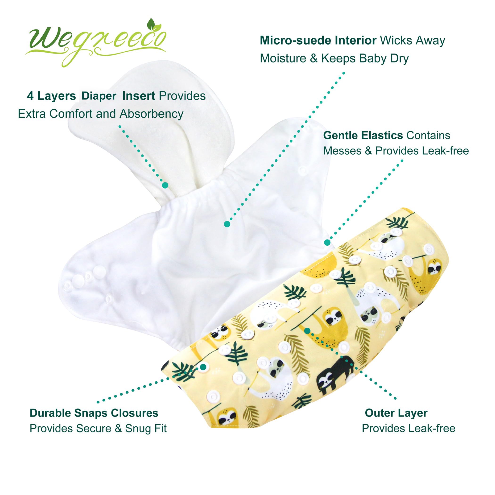 wegreeco Cloth Diapers 6 Pack with 6 Inserts & 1 Wet Bag, Washable Cloth Diapers for Babies, One Size Adjustable Reusable Diapers Baby (Animal World)