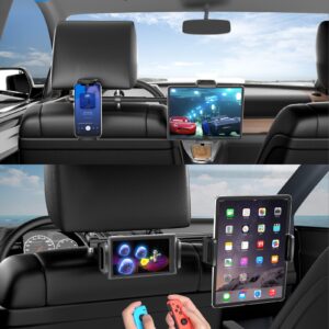 Car Headrest Tablet Mount Holder: Double Cradles Backseat Stand with Extension Arm for Kids Compatible Phone | iPad Pro Air Mini | Galaxy Tabs | Kindle Fire HD | Switch Lite & Other 4.7-12.9" Device