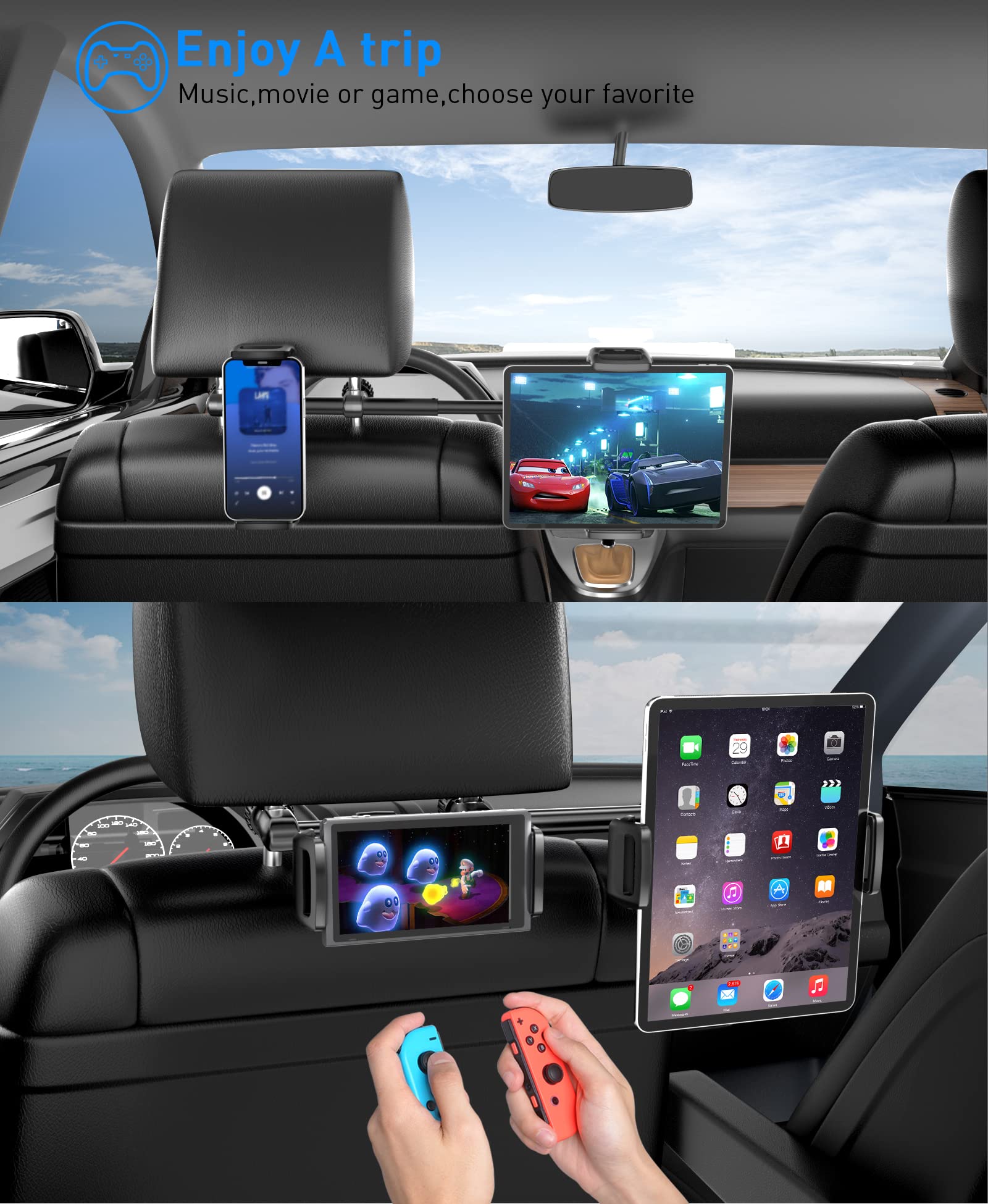 Car Headrest Tablet Mount Holder: Double Cradles Backseat Stand with Extension Arm for Kids Compatible Phone | iPad Pro Air Mini | Galaxy Tabs | Kindle Fire HD | Switch Lite & Other 4.7-12.9" Device