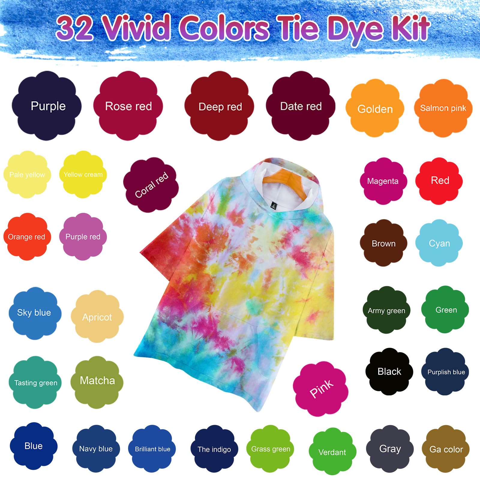 MojiDecor 32 Color Tie Dye Kit, Permanent Fabric Dye Kit for Kids, Adults, Large Group Handmade Party Activity, All-in-one Neon Tie Dye Kit