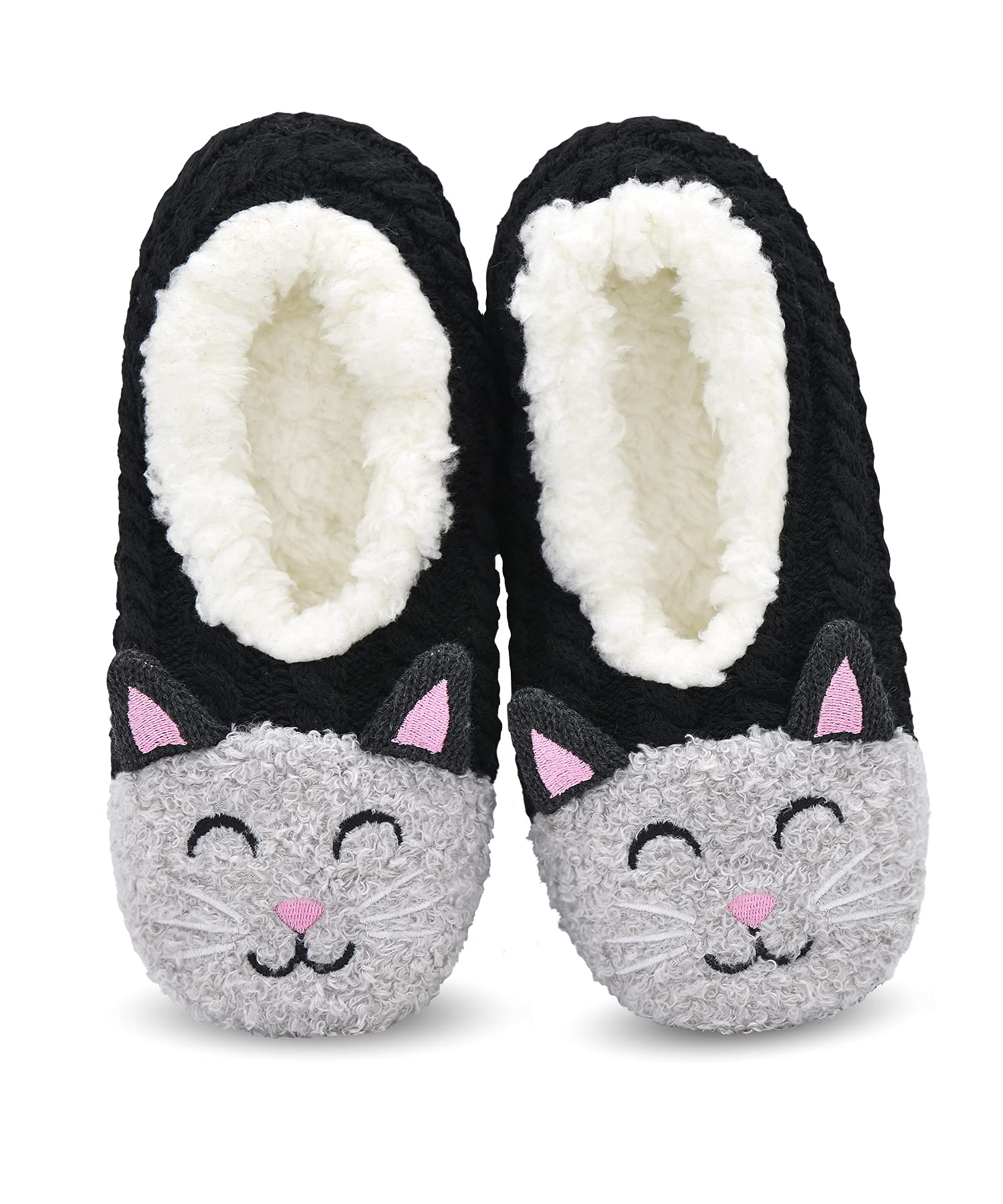 DICUIRD Womens Cozy&Warm Animal Slipper Socks with Grippers-House Socks(Black Cat, 8-10)